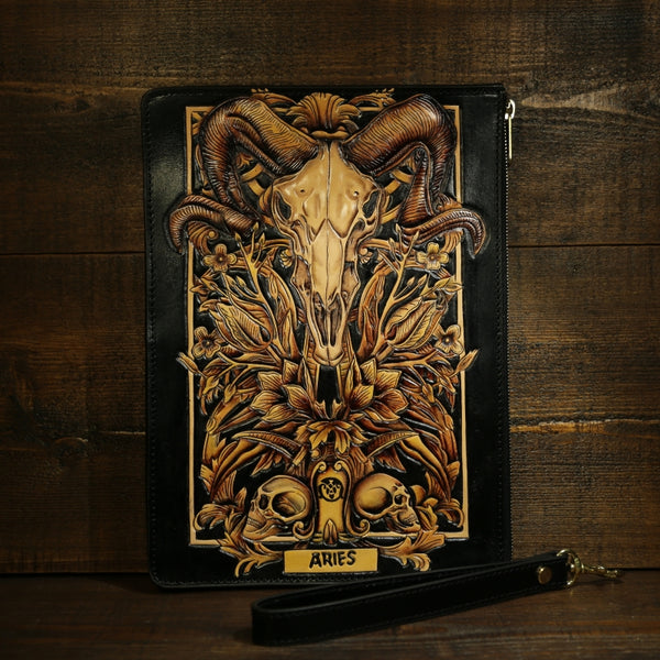 Handmade Leather Tooled CONSTELLATION Mens Cool Long Leather iPad Bag Wristlet Clutch Wallet for Men