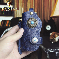 Handmade Leather Floral Mens Cool Car Key Wallet Coin Wallet Pouch Car KeyChain for Men