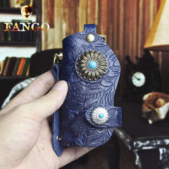 Handmade Leather Floral Mens Cool Car Key Wallet Coin Wallet Pouch Car KeyChain for Men
