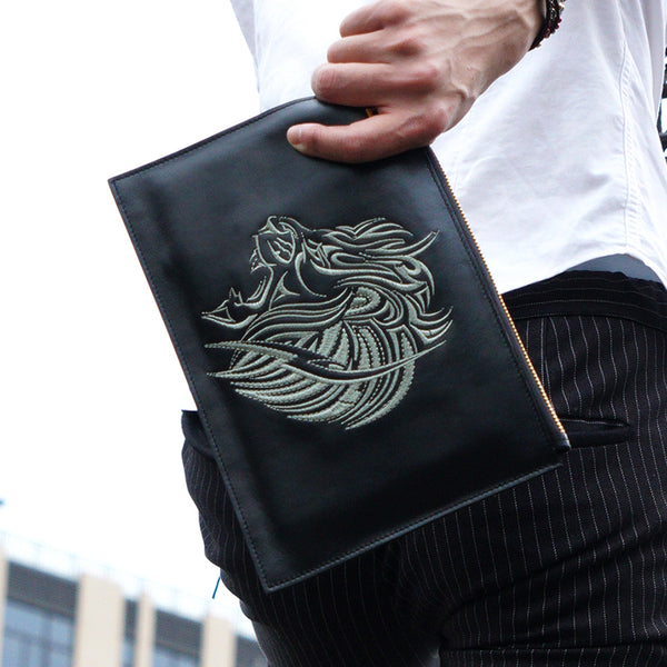 Handmade Leather Mens Clutch Cool Slim Lion Wallet Zipper Clutch Wristlet Wallet for Men - iwalletsmen