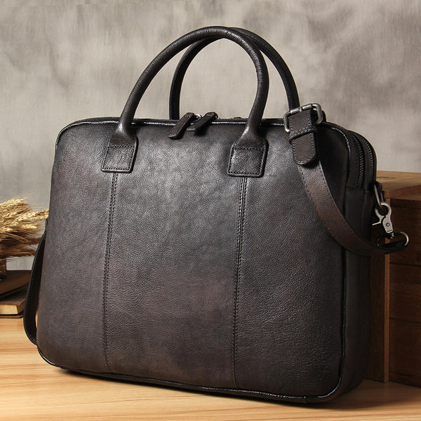 Genuine Leather Mens Vintage Gray Briefcase Shoulder Bag Work Bag Laptop Bag Business Bag for Men