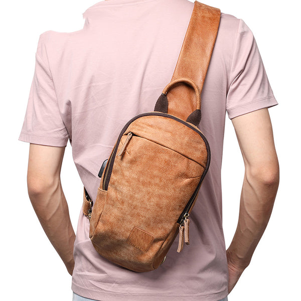 Cool Brown Mens Leather One Shoulder Backpack Chest Bag Sling Bag For Men - iwalletsmen