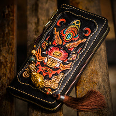 Handmade Leather Mens Tooled Monster Chain Biker Wallet Cool Leather Wallet Long Clutch Wallets for Men