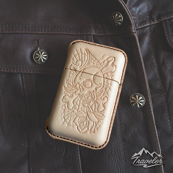 Beige Leather Mens Engraved Skull Cigarette Holder Case Vintage Custom Cigarette Case for Men - iwalletsmen