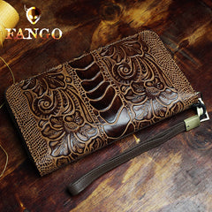 Handmade Leather Mens Tooled Floral Cool Zipper Phone Travel Long Wallet Card Holder Card Slim Clutch Wallets for Men