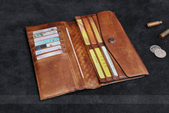 Handmade Leather Mens Cool Long Leather Wallet Card Wallet Clutch Wristlet Wallet for Men