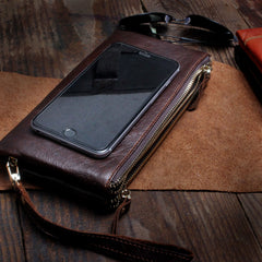 Handmade Leather Mens Cool Long Leather Wallet Slim Zipper Clutch Wristlet Wallet for Men