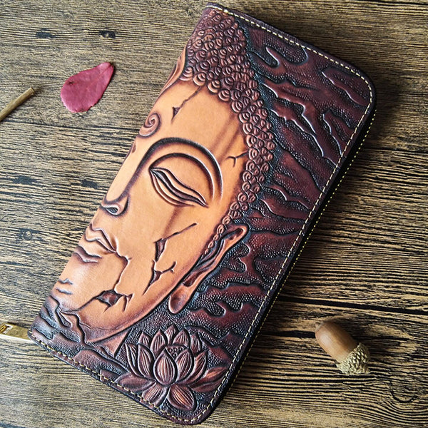 Handmade Leather Buddha&Demon Tooled Mens Long Wallet Cool Leather Wallet Clutch Wallet for Men