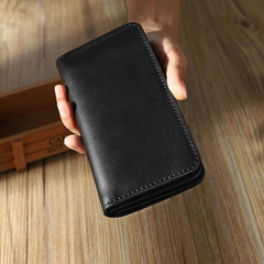 Black Leather Mens Bifold Long Wallets Personalized Handmade Black Travel Leather Wallet for Men - iwalletsmen