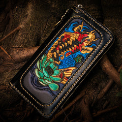 Handmade Leather Carp Mens Chain Biker Wallet Cool Leather Wallet Long Phone Wallets for Men