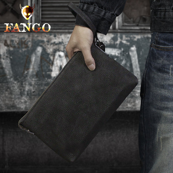 Handmade Leather Mens Clutch Cool Slim Wallet Zipper Clutch Wristlet Wallet for Men