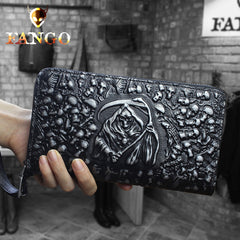 Handmade Leather Mens Tooled Skull Death Cool Zipper Phone Travel Long Wallet Card Holder Card Slim Clutch Wallets for Men