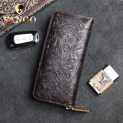 Handmade Leather Floral Mens Cool Travel Long Wallet Card Holder Card Slim Clutch Wallets for Men