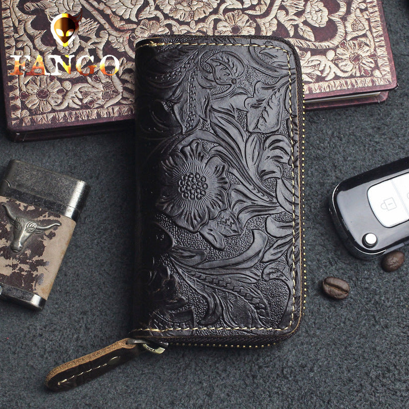 Handmade Leather Floral Mens Cool Car Key Wallet Coin Wallet Pouch Car KeyChain for Men