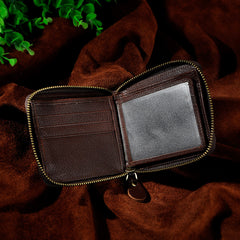 Handmade Leather Mens Cool Zipper Leather Wallet Card Wallet Men Small Wallets Bifold for Men