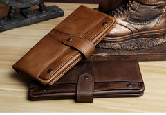 Handmade Leather Mens Cool Long Leather Wallet Card Wallet Clutch Wristlet Wallet for Men