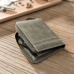 Handmade Leather Mens Cool Slim Leather Zipper Wallet Men Small Wallets Bifold for Men