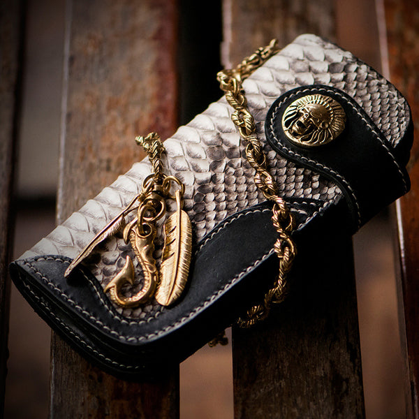 Handmade Leather Black Mens Chain Biker Wallet Cool Leather Wallet Long Clutch Wallets for Men