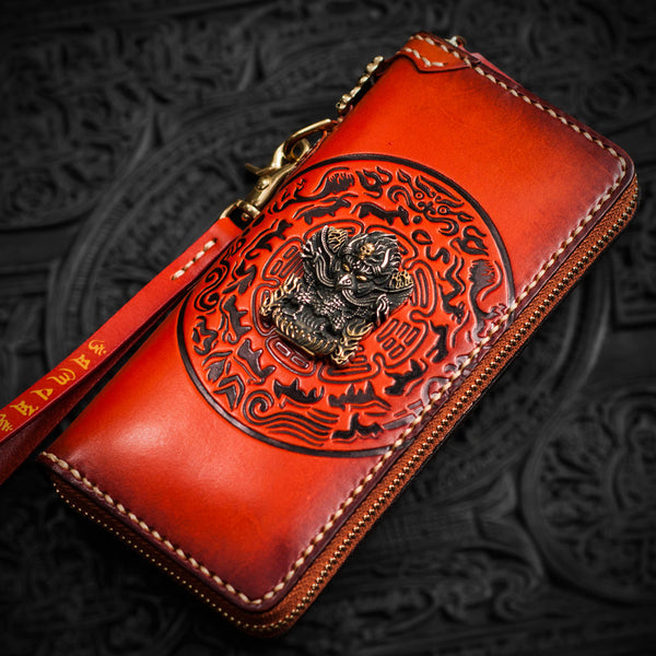 Handmade Leather Tibetan Mens Chain Biker Wallet Cool Leather Wallet Long Clutch Wallets for Men