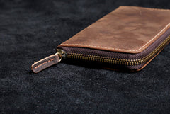 Genuine Leather Mens Cool Long Leather Wallet Zipper Clutch Wristlet Wallet for Men