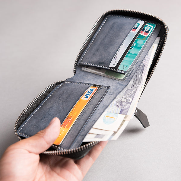 Handmade Leather Mens Cool Slim Leather Zipper Wallet Men Small Wallets Bifold for Men