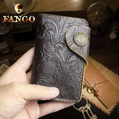 Handmade Leather Floral Mens Cool Key Wallet Wallet Card Holder Small Card Keychain Wallets for Men