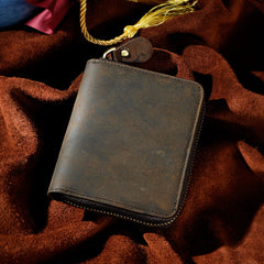 Handmade Leather Mens Cool Zipper Leather Wallet Card Wallet Men Small Wallets Bifold for Men