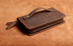 Genuine Leather Mens Cool Long Leather Wallet Zipper Clutch Wristlet Wallet for Men