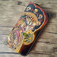 Handmade Leather Mahākāla Tooled Mens Long Wallet Cool Leather Wallet Clutch Wallet for Men