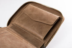 Handmade Leather Mens Cool Slim Leather Zipper Wallet Men Small Wallets Bifold for Men