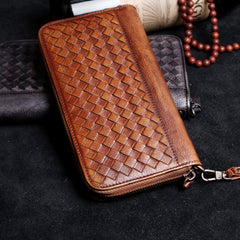 Handmade Leather Mens Cool Long Leather Wallet Card Wallet Clutch Wristlet Wallet for Men
