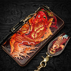Handmade Leather Tooled Carp Mens Chain Biker Wallet Cool Leather Wallet Long Phone Wallets for Men