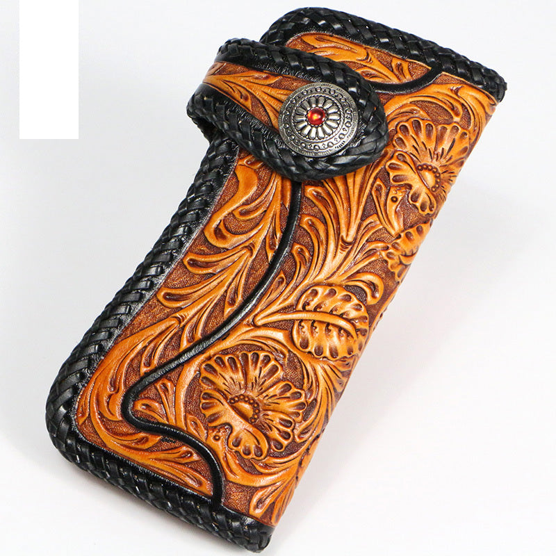 Handmade Mens Cool Tooled Floral Leather Chain Wallet Biker Trucker Wallet with Chain