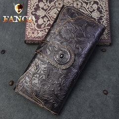 Handmade Leather Floral Mens Cool Travel Long Wallet Card Holder Card Slim Clutch Wallets for Men