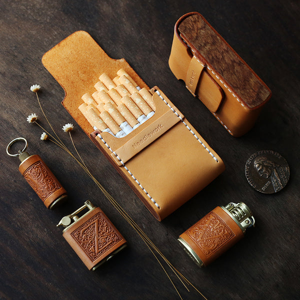 Cool Wooden Beige Leather Mens Cigarette Case Custom Cigarette Holder for Men - iwalletsmen
