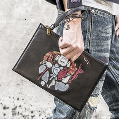 Handmade Leather Mens Cool Embroidery Wallet Zipper Clutch Wristlet Wallet for Men - iwalletsmen