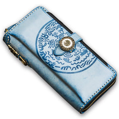 Handmade Leather Tooled Tibetan Mens Chain Biker Wallet Cool Leather Wallet Long Phone Wallets for Men