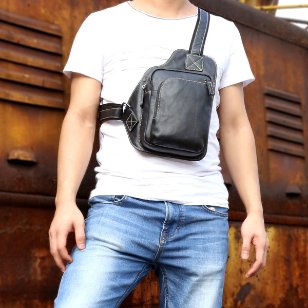 Genuine Leather Mens Cool Chest Bag Sling Bag Crossbody Bag Travel Bag Hiking Bag for men