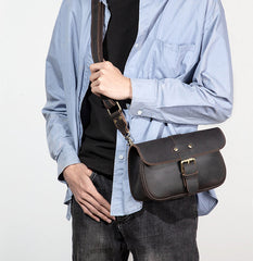 Coffee Leather Mens Slim Buckle Courier Bag Side Bag Small Messenger Bag For Men