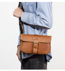 Coffee Leather Mens Slim Buckle Courier Bag Side Bag Small Messenger Bag For Men