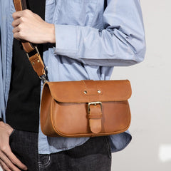 Tan Leather Mens Slim Buckle Courier Bag Side Bag Small Messenger Bag For Men