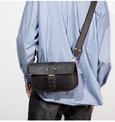 Coffee Leather Mens Slim Buckle Courier Bag Side Bag Small Messenger Bag For Men