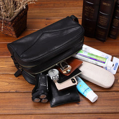 Toiletry Bag for Men Black Leather Dopp Kit Tan Leather Travel Organizer Shaving Bag for Men