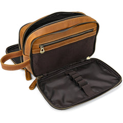 Inside of Leather travel bag for toiletries
