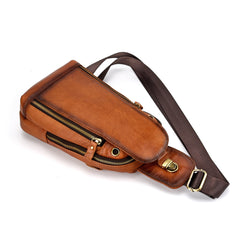 Vintage Tan Leather Men's Chest Bag One Shoulder Backpack Sling Bag For Men - iwalletsmen