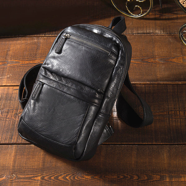 Cool Black Mens Leather One Shoulder Backpack Sling Bag Sling Crossbody Bag for Men - iwalletsmen