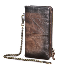 Tan Leather Men's Biker Chain Wallet Cool Trifold Biker Long Wallet with Chain For Men