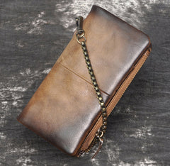 Tan Leather Men's Biker Chain Wallet Cool Trifold Biker Long Wallet with Chain For Men