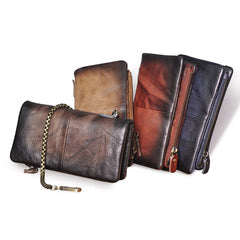 Tan Leather Men's Biker Chain Wallet Cool Trifold Biker Long Wallet with Chain For Men