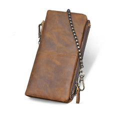 Tan Leather Men's Biker Chain Wallet Cool Trifold Biker Long Wallet with Chain For Men